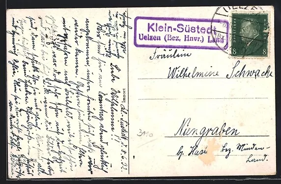 Landpoststempel Klein-Süstedt, Uelzen Bez. Hnvr. Land, Ansichtskarte 1932