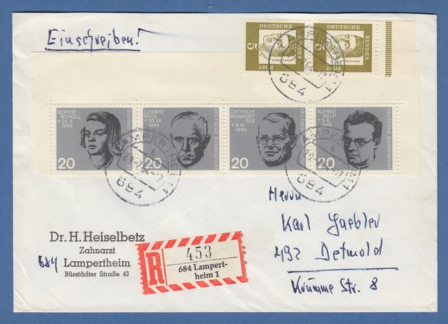 Bund 1964 Mi.-Nr. 431-434 aus Widerstand-Block in MIF auf R-Brief, O LAMPERTHEIM