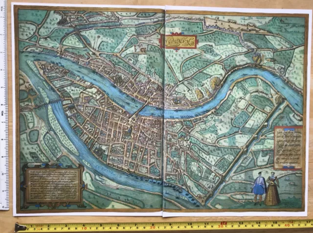 Old Antique Historic Map Lyon, France: 1572 Braun & Hogenberg REPRINT 1500's