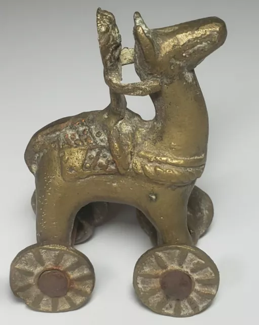 ANTIQUE Temple India Brass Toy Camel on Wheels with Indian Rider RARE