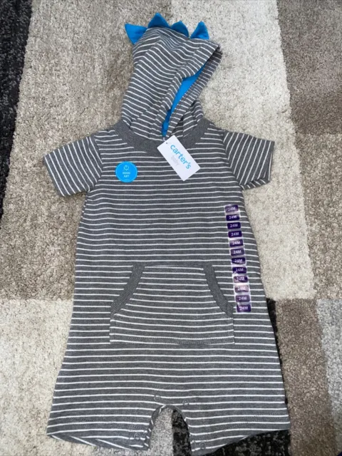 Carters Baby Boy 24M Hooded Romper New With Tags Grey White Stripe MSRP $18