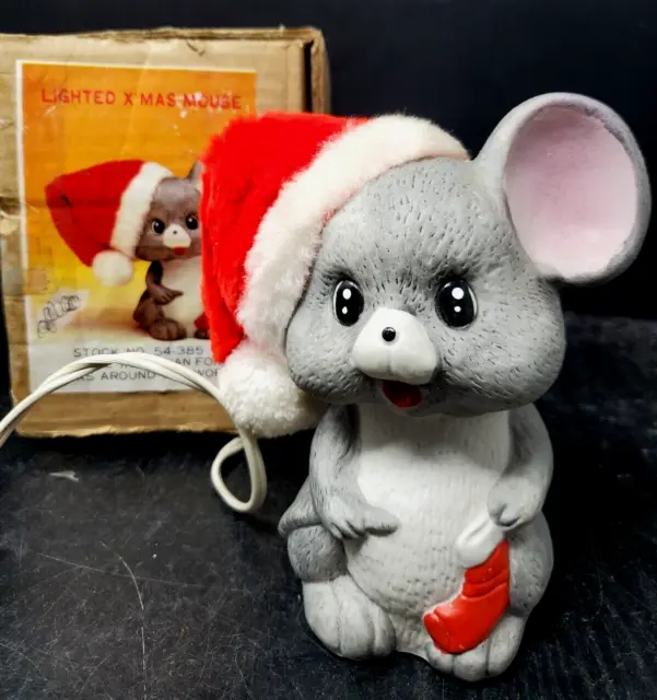Vintage Ceramic Christmas Santa  Mouse Night Light Original Box  Cloth Santa Cap