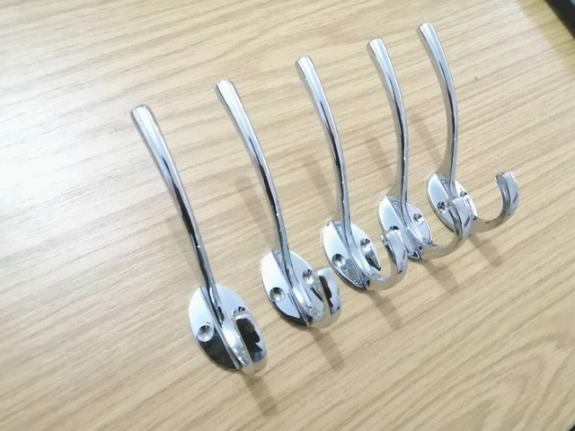 5 x Polished Chrome Metal Double Hat Coat Hook Door Wall Robe Dress Hanger 115mm