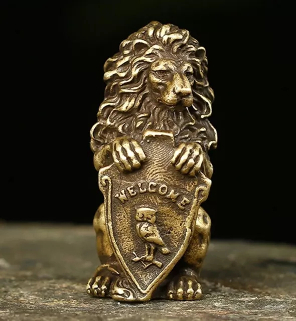 Brass Lion Welcome Animal Statue Small Sculpture Tabletop Figurine Home Decor