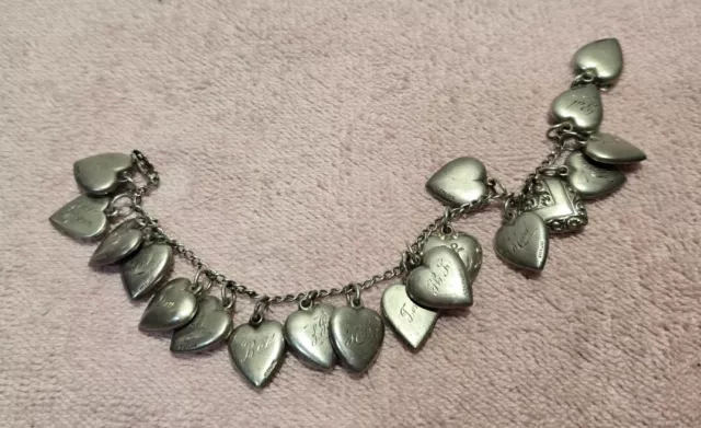 Vintage 7 1/2" sterling 19 Puffy Heart Charms bracelet, Love, Flowers