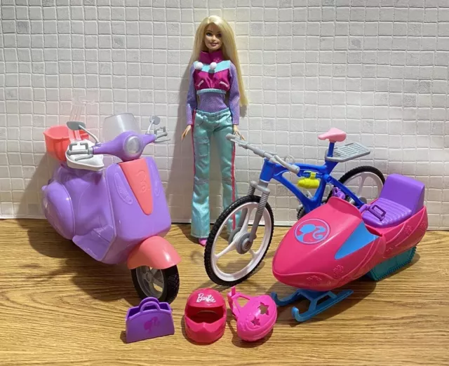 Barbie 💕 Vehicle Bundle With Dressed Doll ~ Bicycle, Moped & Snowmobile