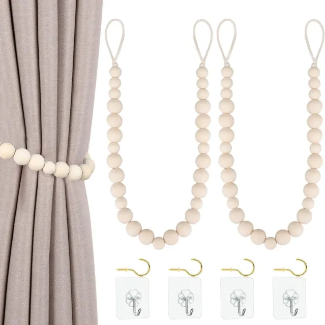 Set of 2 Curtain Tie Backs Wooden Beads Curtain Tiebacks Rope Holdbacks Farmhous