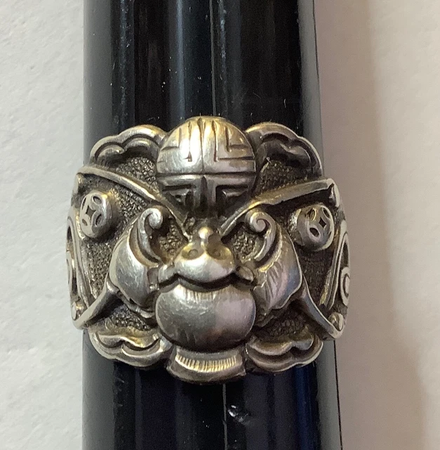 ANTIQUE QING  SILVER BAT HOLDING LONGEVITY SHOU SIGN Chinese RING  Adjustable