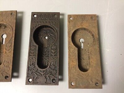 4 Antique Vtg Gothic Ornate Victorian Cast Metal Pocket Door? Keyhole Lock Plate 2