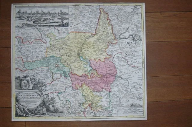 Homann Cartina Geografica Magedburg. Color Kupferstichkarte Circa 1720