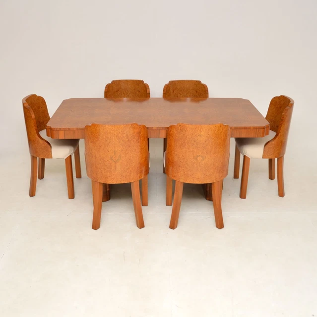 1920's Art Deco Burr Walnut Cloud Back Dining Table & Chairs