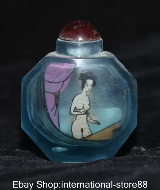 2.2" Old China Blue Glass Palace Pornography Beautiful Woman Snuff Bottle