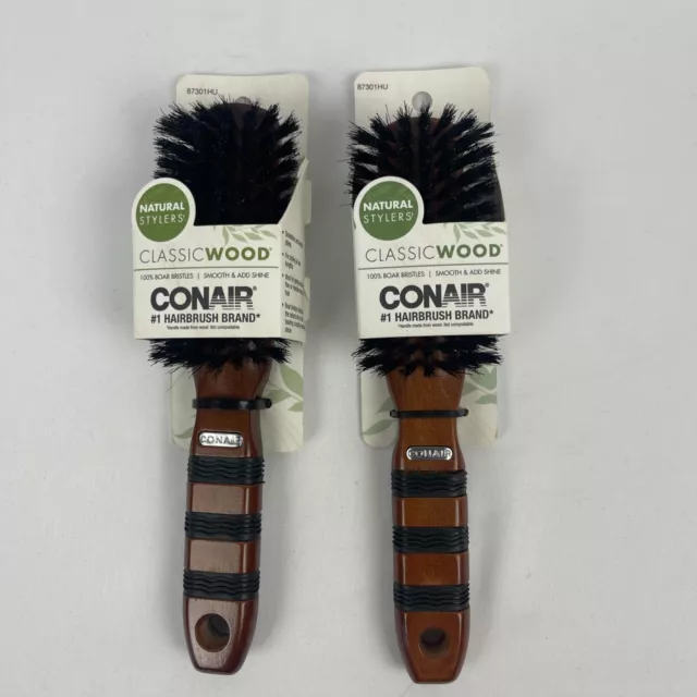 Conair Classic Wood Boar Bristles Brush Smooth & Add Shine BRWN 87301HU LOT OF 2