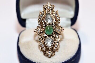 Antique  Victorian 14K Gold Natural Rose Cut Diamond And Emerald Navette  Ring
