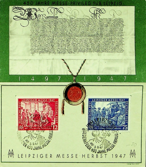 GERMANY 1947 POST WWII 2v 450 YEARS OF EXHIBITION PRIVILEGE FOR LEIPZIG PS CARD