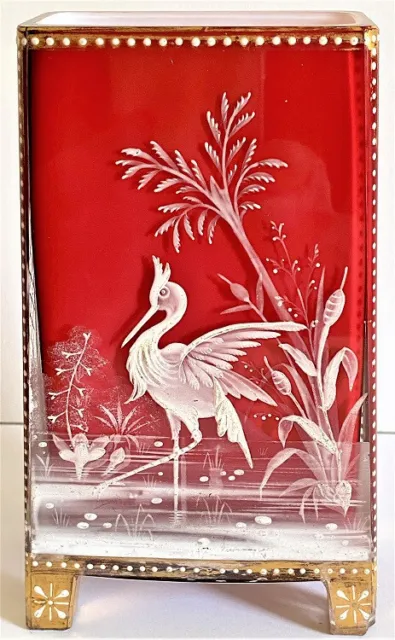 Bohemian Moser Cased Cranberry Glass Enameled Heron Rectangular Vase ca1880.