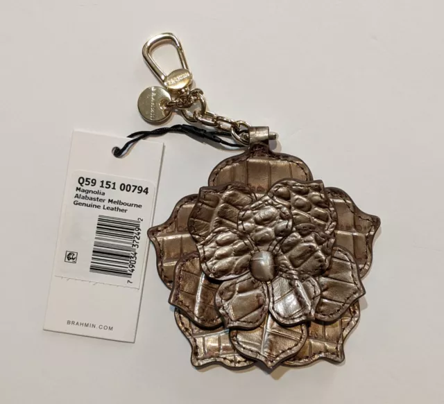 NWT Brahmin Alabaster Magnolia Leather Flower Keychain Key Fob Tassel Charm