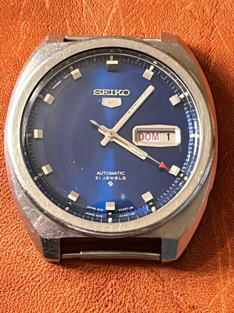 Seiko 5 Automatic Mans Vintage All Steel Wristwatch Day Date Blue Dial!!