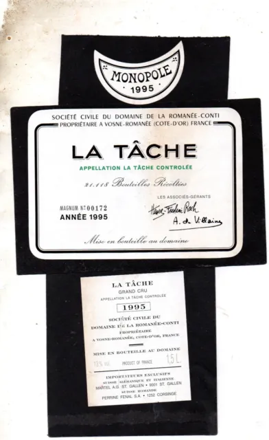 Etiquette La Tache 1995 + Contre + Collerette Romanee Conti N° 00172§20/11/2023§