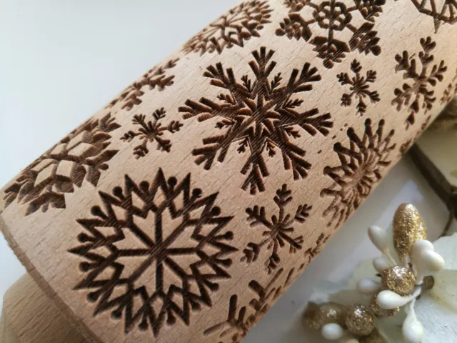 Snowflakes Engraved Wooden Rolling Pin Christmas Embossed Rolling by Oma Marta