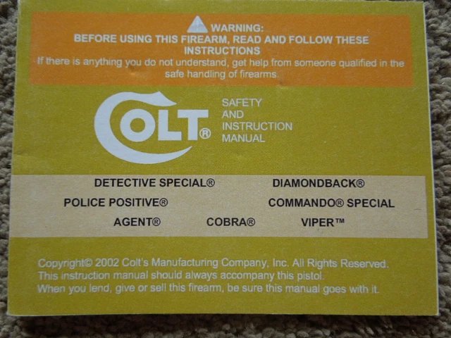 ORIGINAL COLT ALL Revolvers not Python Factory Safety AndInstruction ...