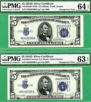 RARE WIDE to NARROW CHANGEOVER PAIR - 1934D $5 SC - PMG CU 64 & CU 63 with EPQ