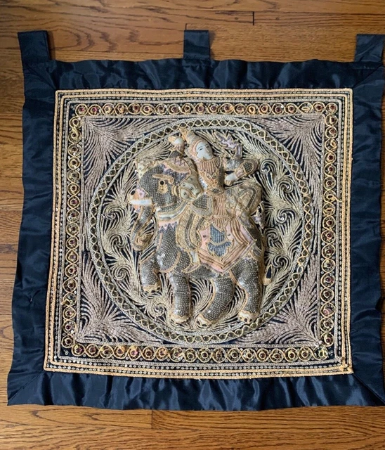 Vintage Burmese Kalaga Embroidered Sequins 24" x 23" Tapestry Cloth