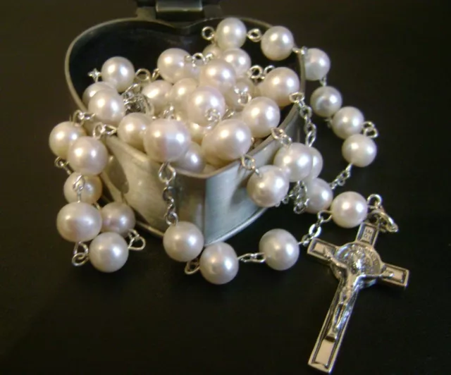 Sterling 925 Silver AAA+ 8mm Real Pearl ROSARY CROSS Catholic Crucifix & box