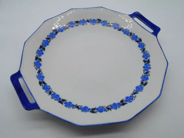 PLAT A GÂTEAUX DECOR FLORAL BLEU EN PORCELAINE DE LIMOGES A. LANTERNIER & Co