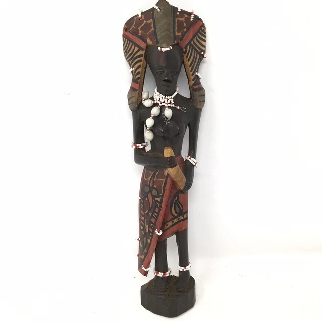Wooden Hand Carved Painted African  Tribal  Wood Statue Figure  Woman Beaded 12”