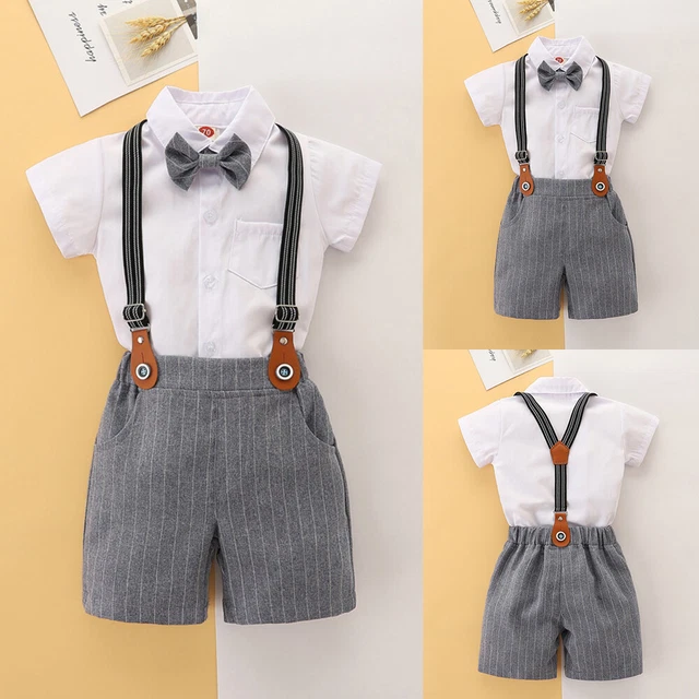Baby Boys Gentlemen Short Sleeve Bowtie Shirt Suspender Shorts 2PCS Outfits Sets