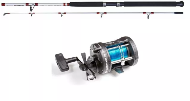 Shakespeare  7 ft  Boat fishing rod & Fladen   multiplier reel with line