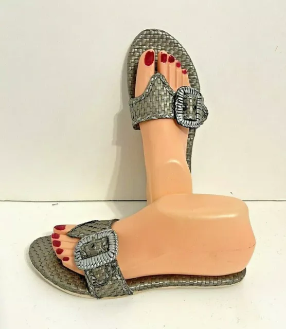 MICHAEL SHANNON Thong Slide Sandals Woven Pewter Gold/Silver Buckle Size 8.5 NWT