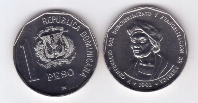Dominican Republic 1 Peso Unc Coin 1992 Year Km#82 Columbus