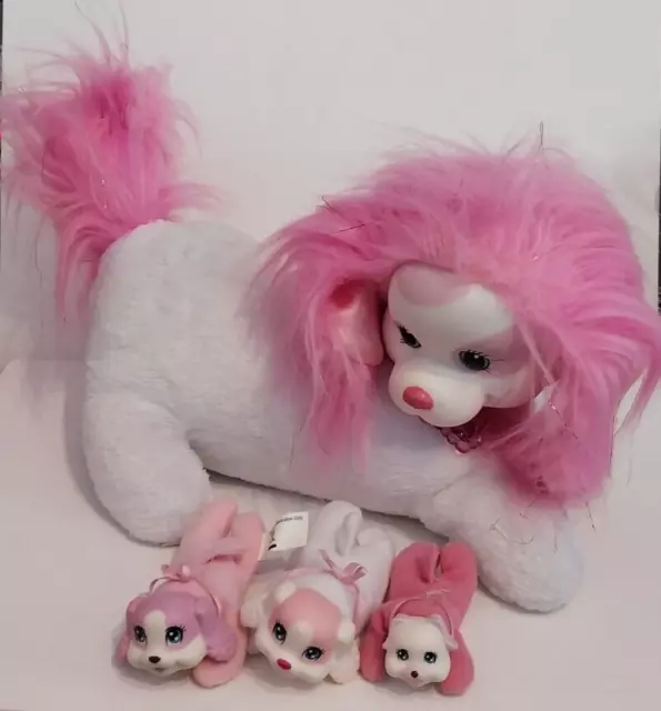 Puppy Surprise Dog White & Pink Glitter Hair Mommy Soft Plush Toy With 3 Puppies