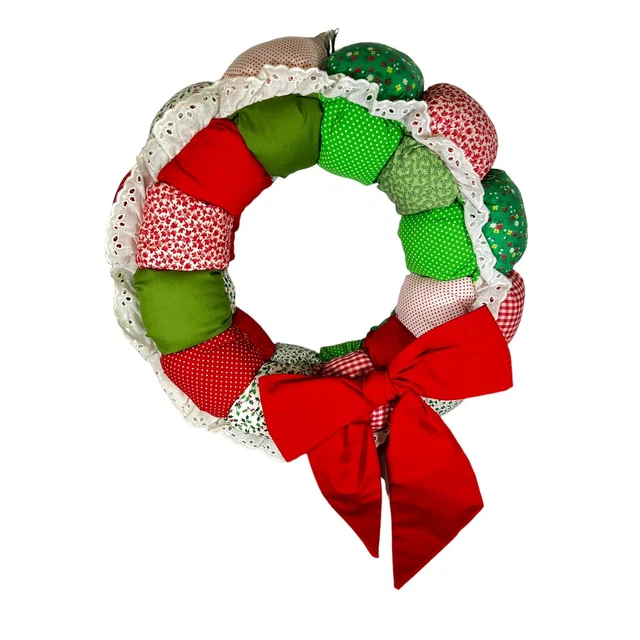 Vintage Christmas Wreath Quilted Fabric Bow Large Hanging All Over Wall Door