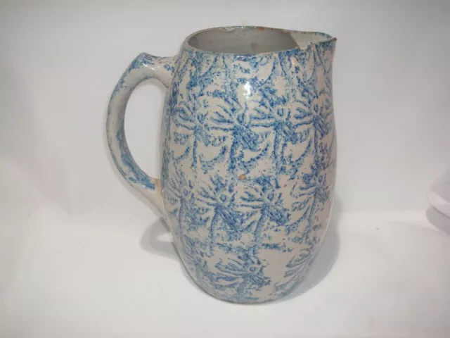 Old, Antique Blue And White Stoneware, Spongeware Pitcher, As-Is