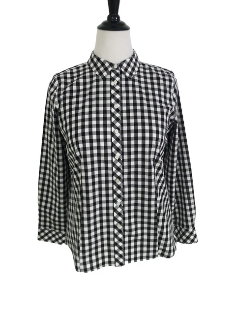 TALBOTS Petite Non Iron Black White Gingham Plaid Button Up SHIRT 12 P Long SL