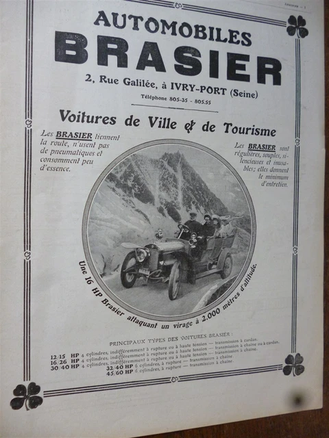BRASIER automobiles à IVRY PORT publicité papier ILLUSTRATION 1908
