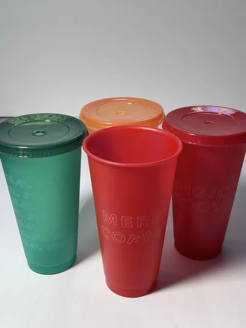STARBUCKS Reusable Venti 24 Oz Holiday Cold Cup Tumbler Merry Coffee Set Of 4