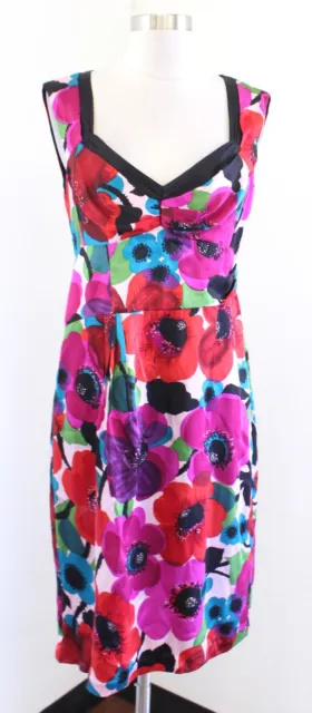 Nanette Lepore Silk Multi Color Floral Print Sheath Dress Size 8 V Neck Red Pink