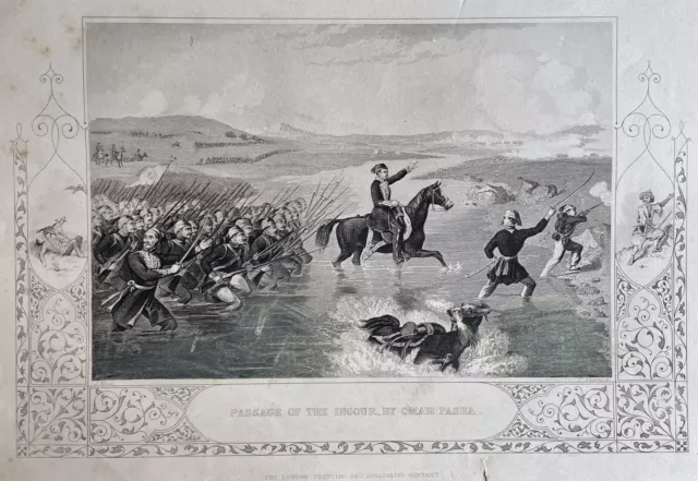 Antique C19th Steel Engraving - Passage of the Ingour by Omar Pasha, Crimean War