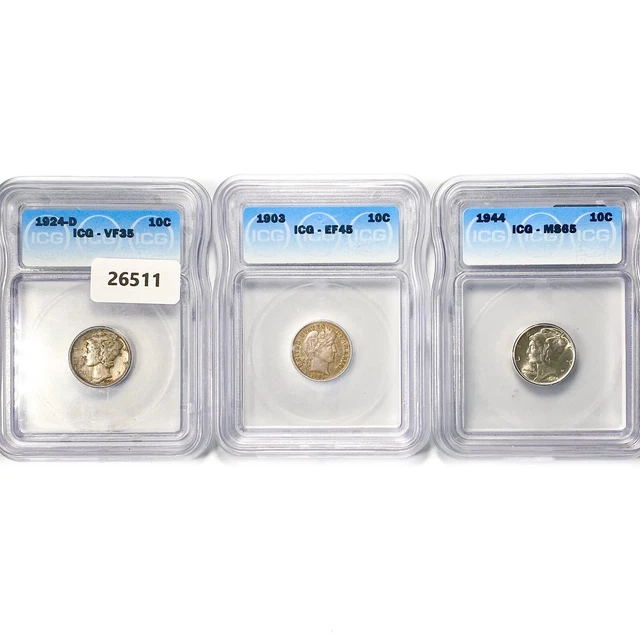 1903-1944 Set (3) 2 Mercury, 1 Barber Dime ICG