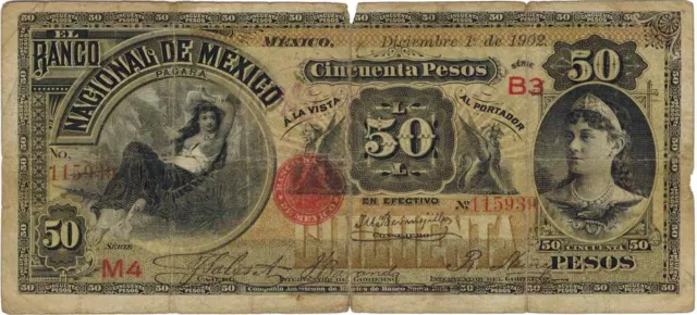 Mexico 50 Pesos 1902 P-260 M# 301 Serie M4-B3 Nacional Banknote Used Cir Tear