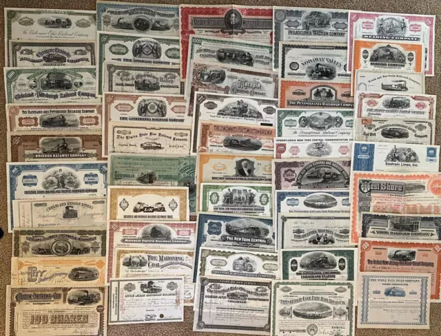 Mixed Lot of 50 Different Railroad Stock Certificates and Bonds, all w/ Vignette