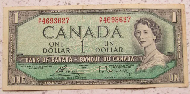 1954 Canada One Dollar Banknote $ 1  N/F4693627 Bank Of Canada combined shipping