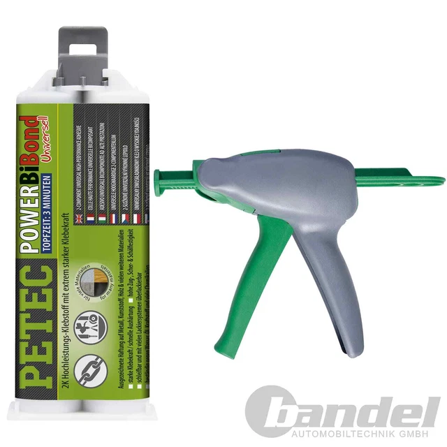 1x 50ml PETEC POWER BIBOND 2K ADESIVO UNIVERSALE 3 MIN+ PISTOLA AD ESPRESSIONE 2K