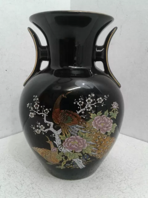 Kyoto IMPERIAL Peacock Japanese/Japan Porcelain Black Vase. Vintage