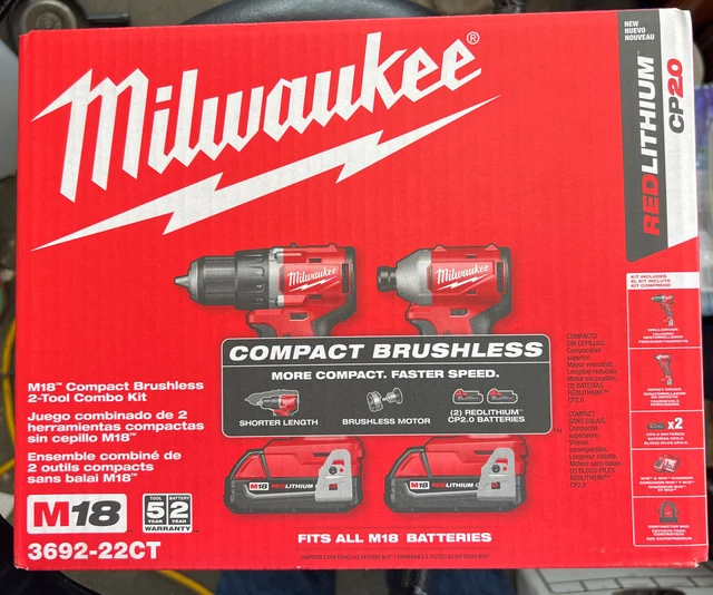 Milwaukee 3692-22CT M18 18V Compact Brushless 2 Tool Drill/Driver Combo Kit