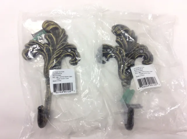 Pair Of Cast Iron IRIS Flower Hanger Hook 7” - Coat Keys Leash Hooks